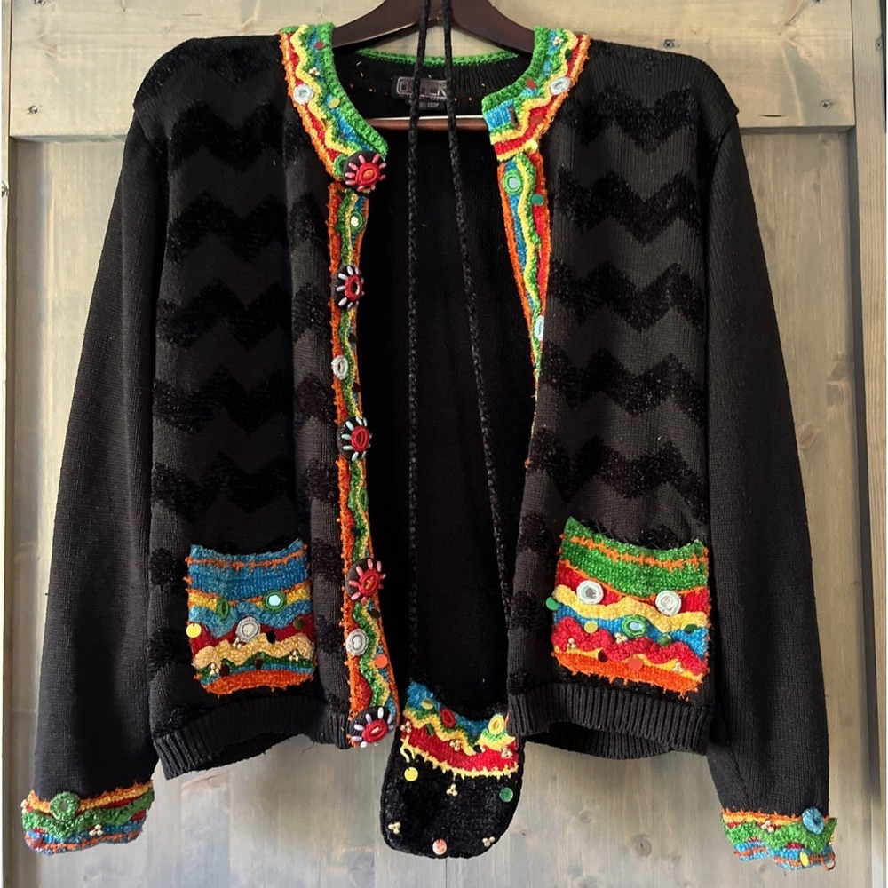 Vintage 90s Berek Black Cardigan Embellished Colorful Pockets‎ w/ Matching Purse